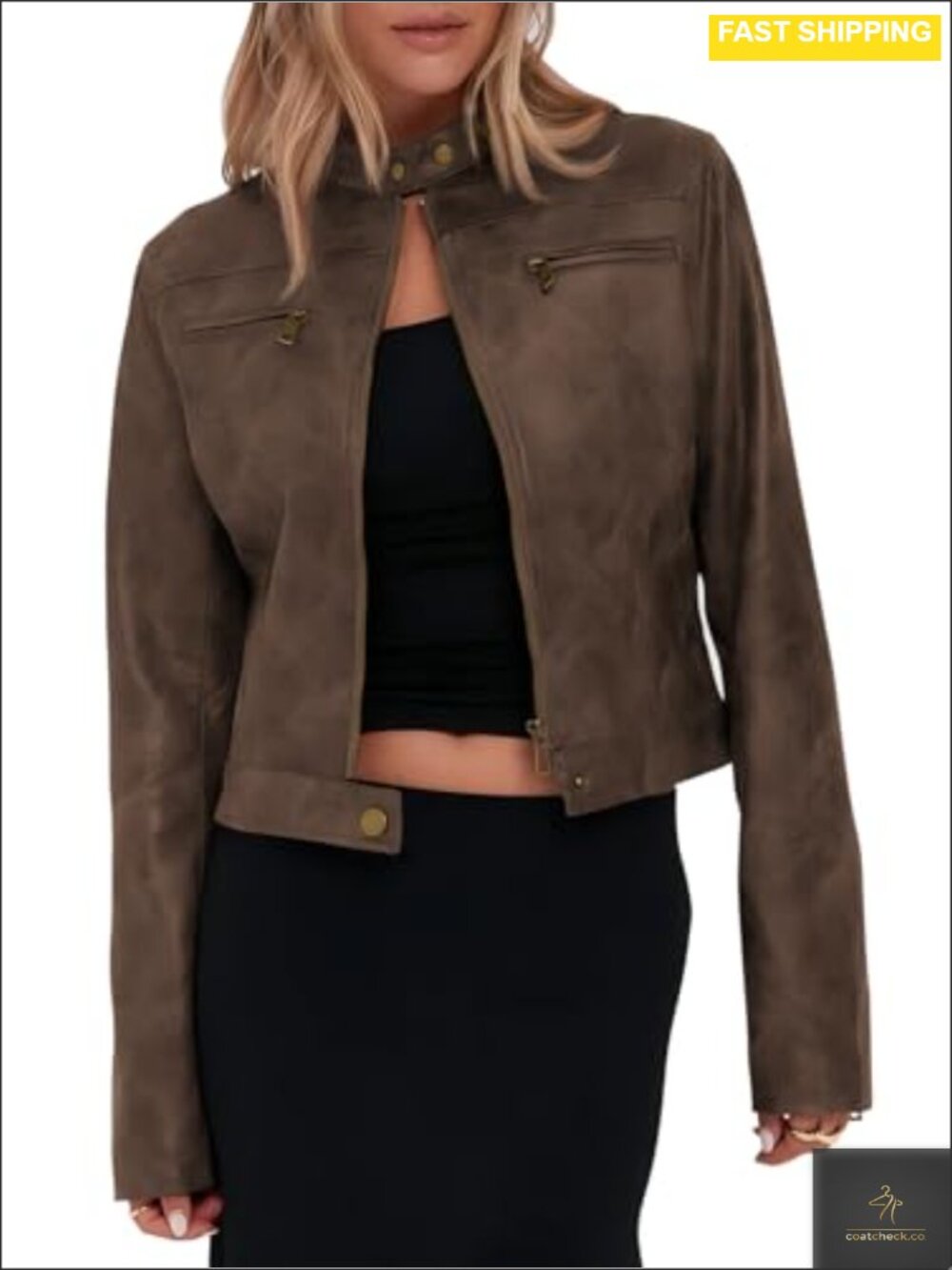 Faux Leather Cropped Moto Jacket Zip Up Stand Collar